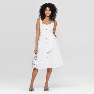 White Cotton Below Knee Dress w/ Buttons
